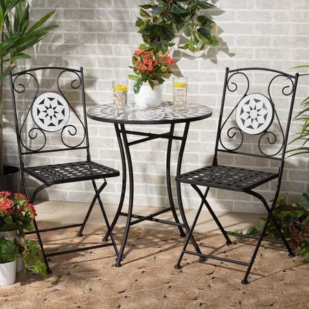 BAXTON STUDIO Callison Contemporary Black Finished Metal and Multi-Colored Glass 3-Piece Outdoor Dining Set 206-12129-12128